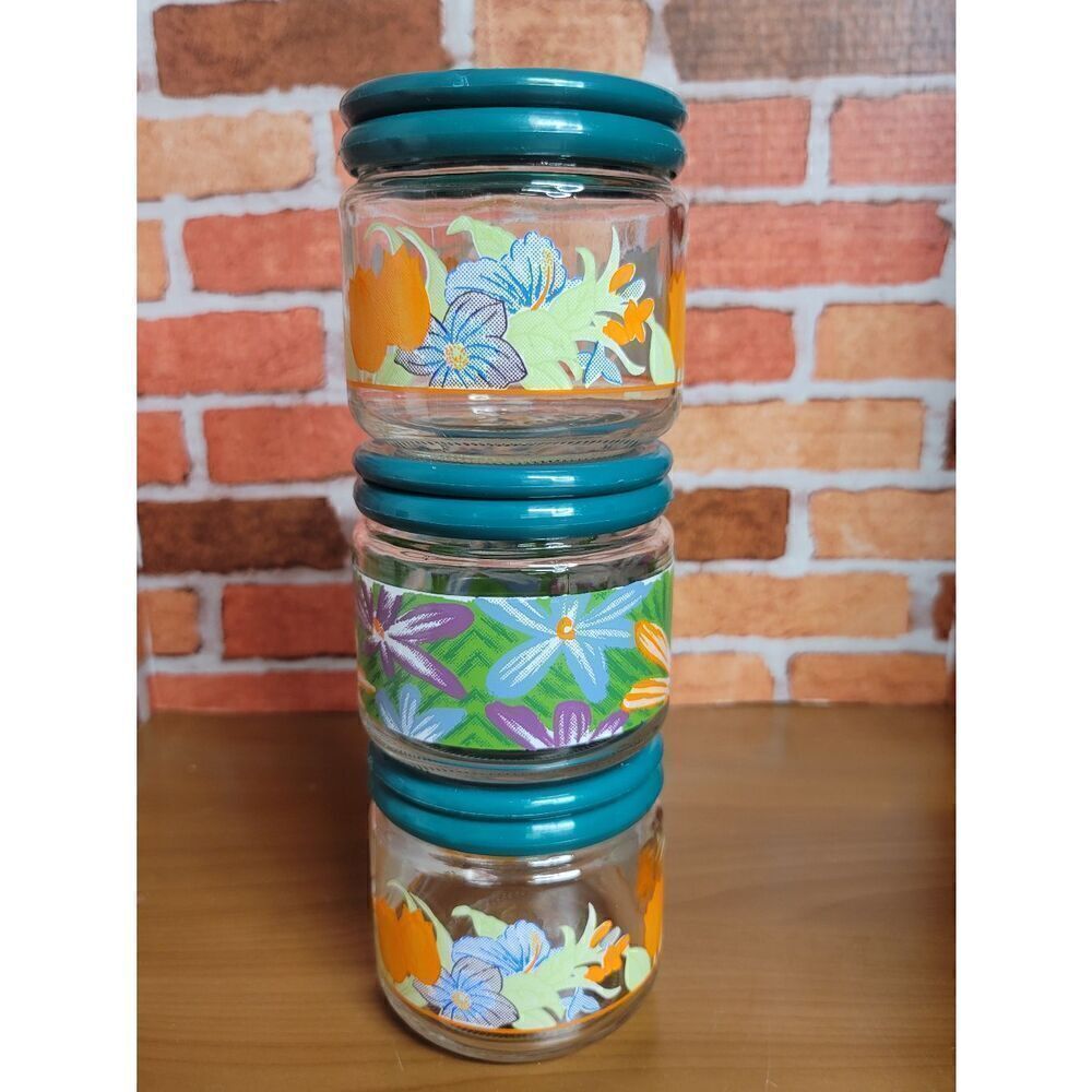 Set of 3 Vintage Glass Floral Canisters